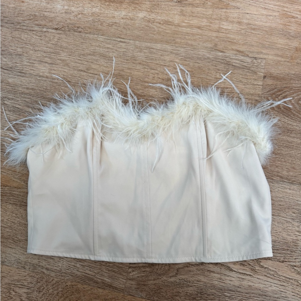 Amazing Lace ivory real feather tube top
 Elegant Cream Feather Trim Corset Top